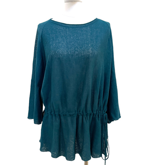 Wrap London Blouse Slouchy Top Drawstring Top 100%‎ Linen TEAL sz US 12/14 - Picture 2 of 5